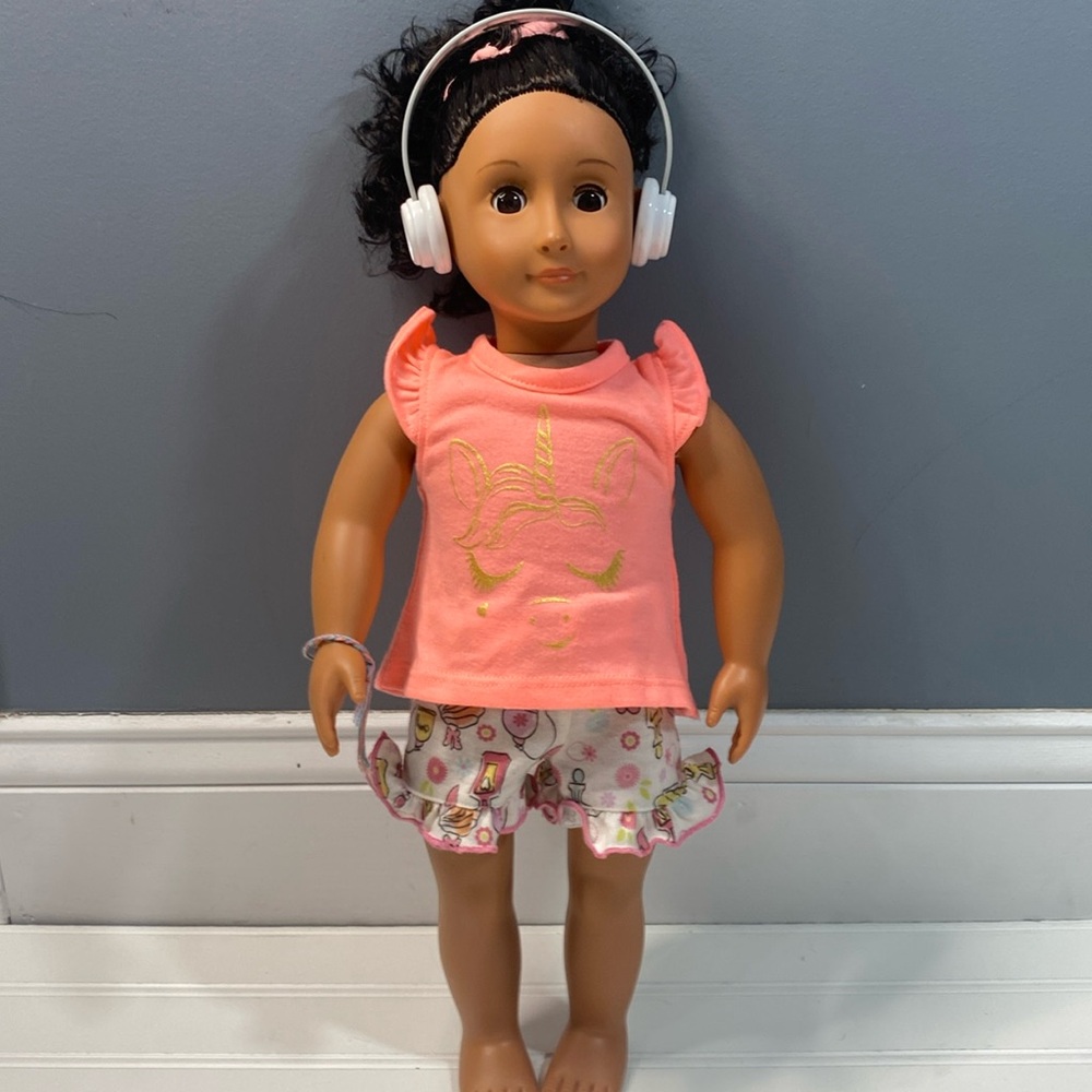 Cute girly American girl, doll pajamas with headphones